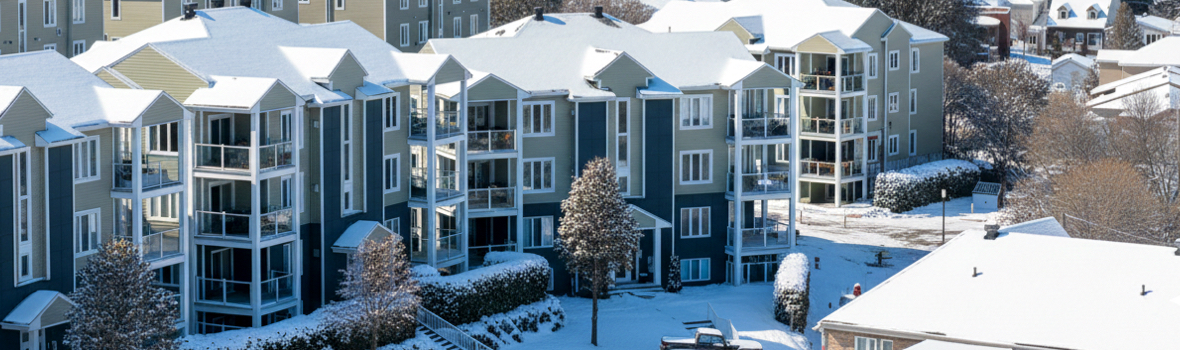 Toitures d’immeubles résidentiels couvertes de neige en hiver, montrant l’importance de surveiller l’accumulation pour prévenir les risques et planifier le déneigement.