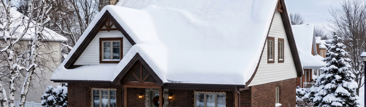 Maison au Québec avec une toiture enneigée en hiver.